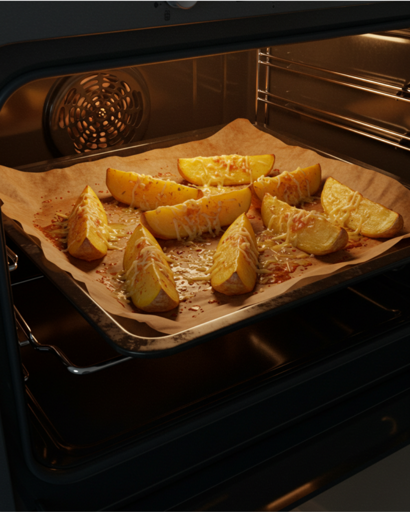 Garlic Parmesan potato wedges baking on a parchment-lined sheet pan in the oven.