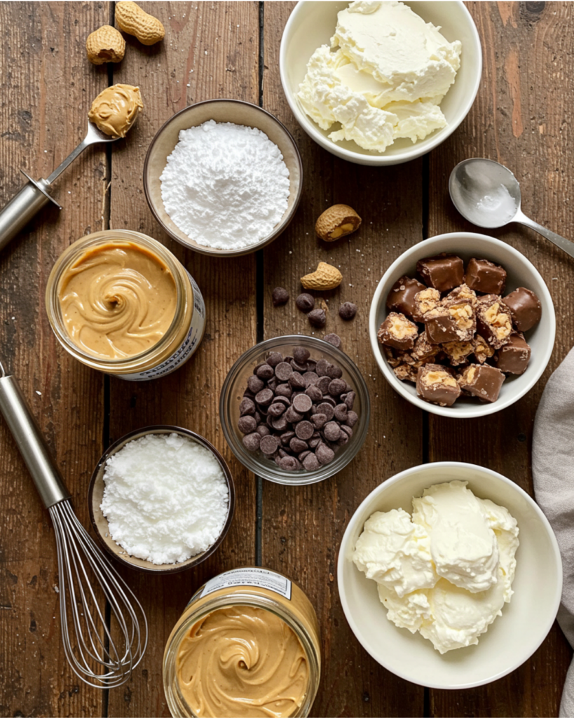 Creamy peanut butter, crushed Butterfinger candy bars, powdered sugar, and chocolate chips arranged on a rustic kitchen counter.