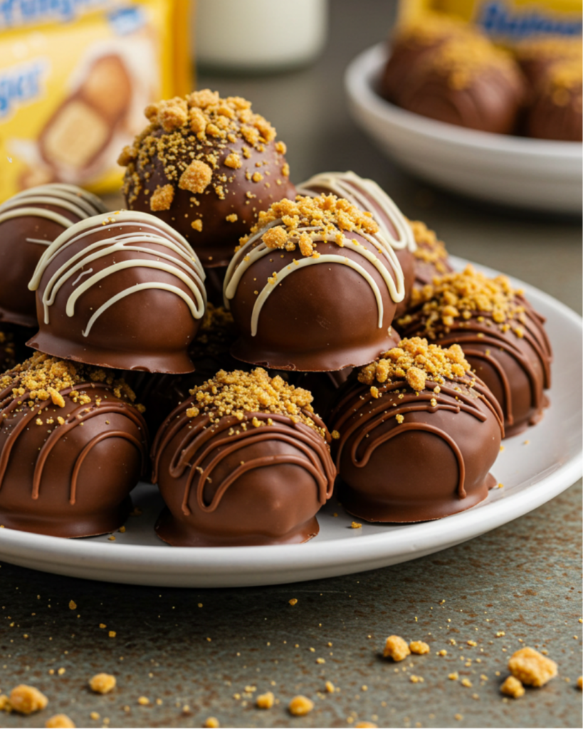 A plate of homemade Butterfinger Balls covered in chocolate, drizzled with white chocolate, and set on a rustic wooden table.