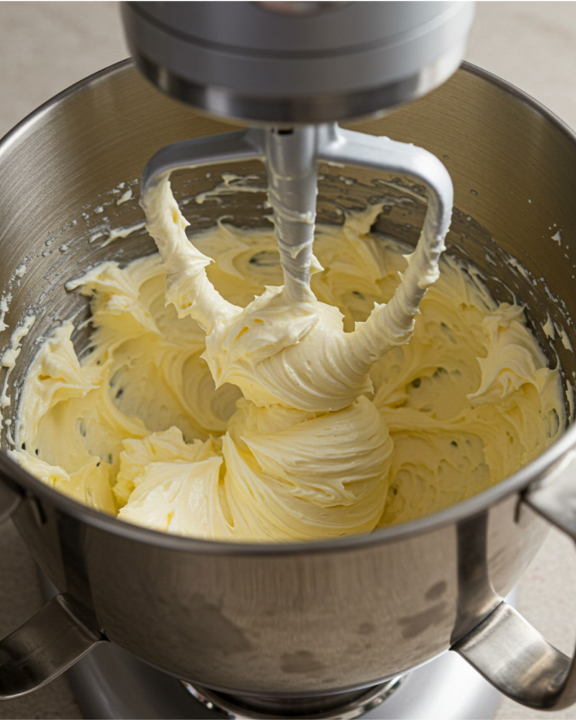 A baker’s hand mixing cream cheese pound cake batter in a bowl.