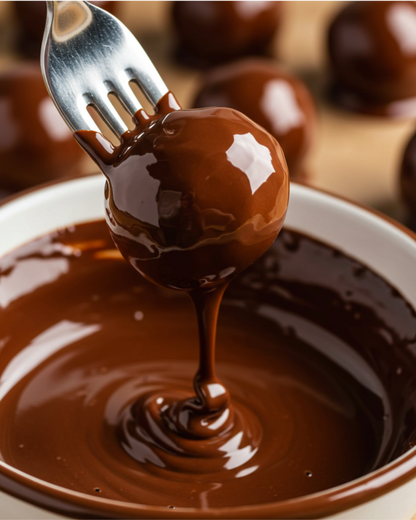 A close-up of a fork dipping a Butterfinger Ball into melted chocolate, creating a glossy, smooth coating.