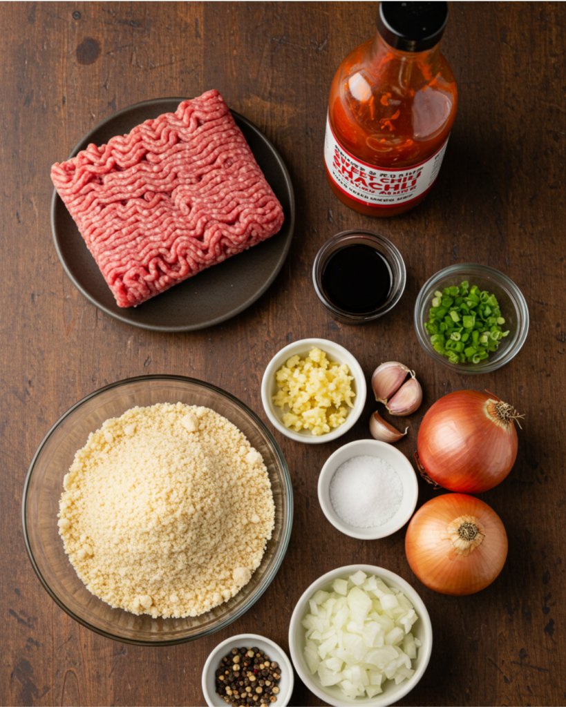 Fresh ingredients for making sweet chili meatballs laid out on a wooden table.