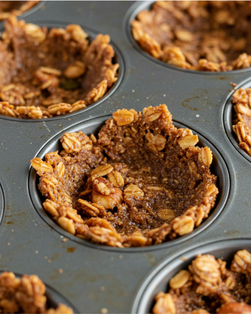 granola base pressed into a muffin cup, with oats, nuts, and honey visible.