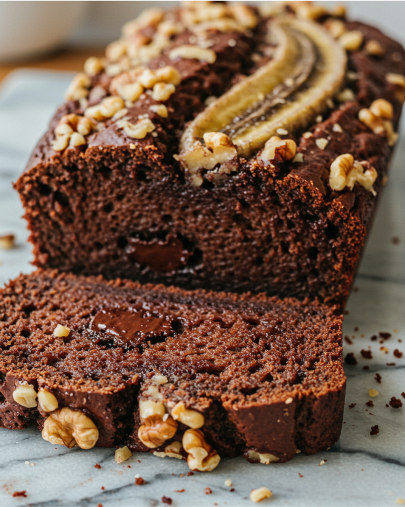 Healthy chocolate banana bread served with coffee, fresh fruit, and yogurt for breakfast.