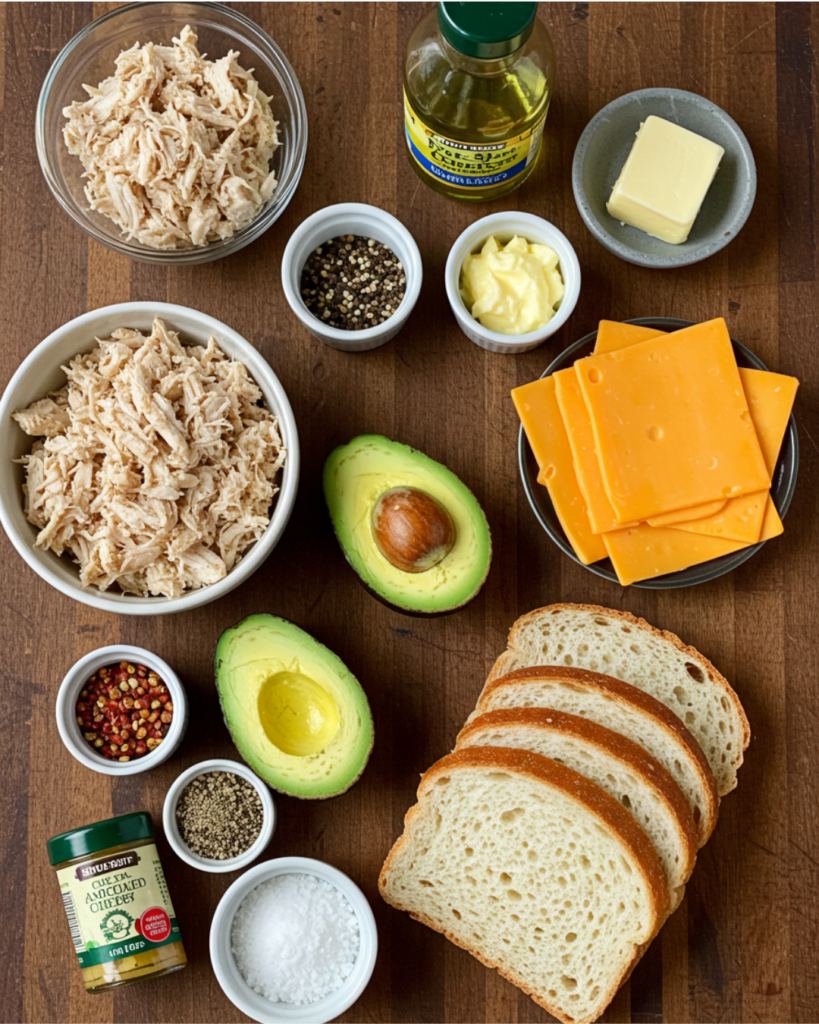 Ingredients for chicken avocado melt sandwich recipe