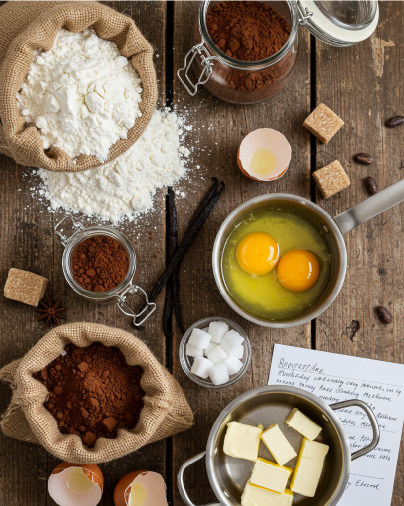 Raw ingredients for chocolate cake recipe: flour, eggs, cocoa, sugar