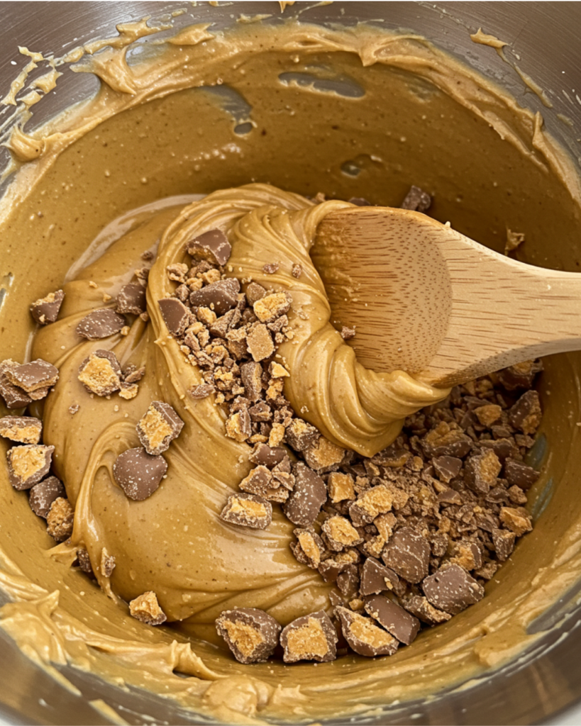 A close-up of a spoon mixing peanut butter and crushed Butterfinger candy in a bowl, showing the rich, creamy texture.