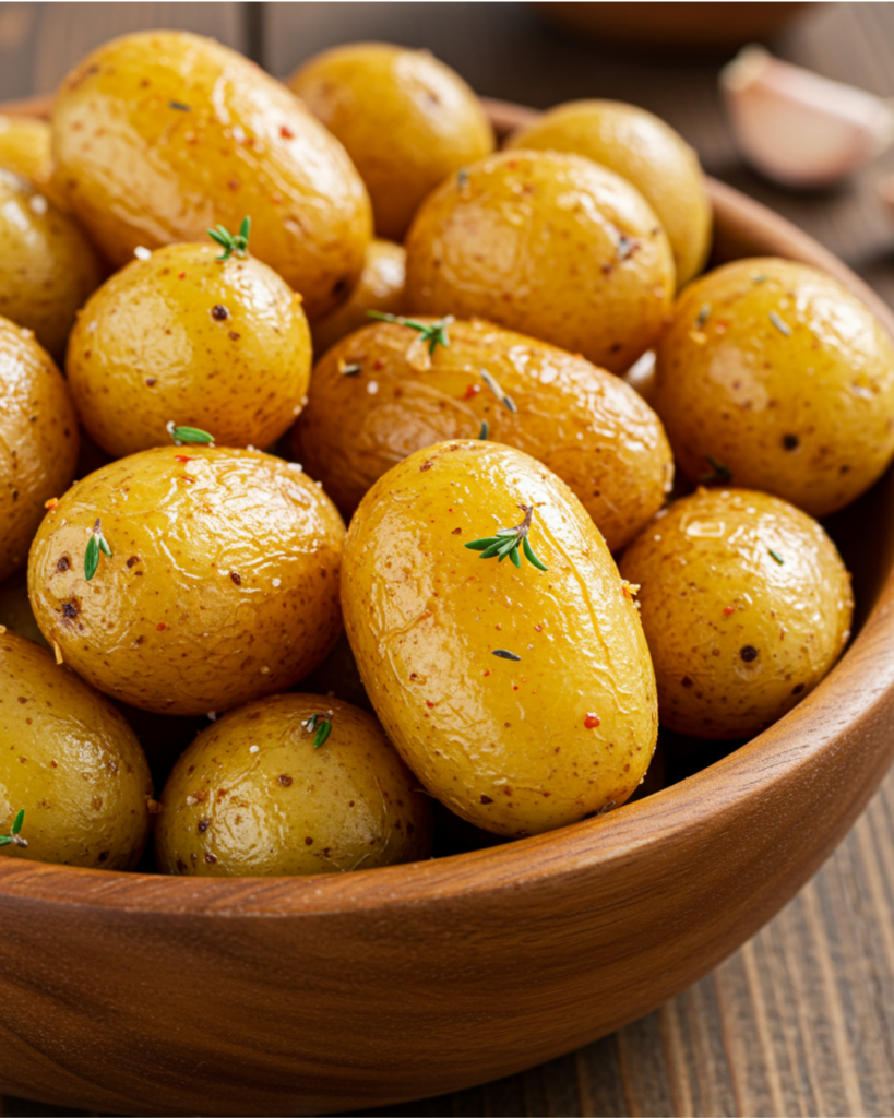 A bowl of golden, crispy baby potatoes seasoned with garlic and herbs.