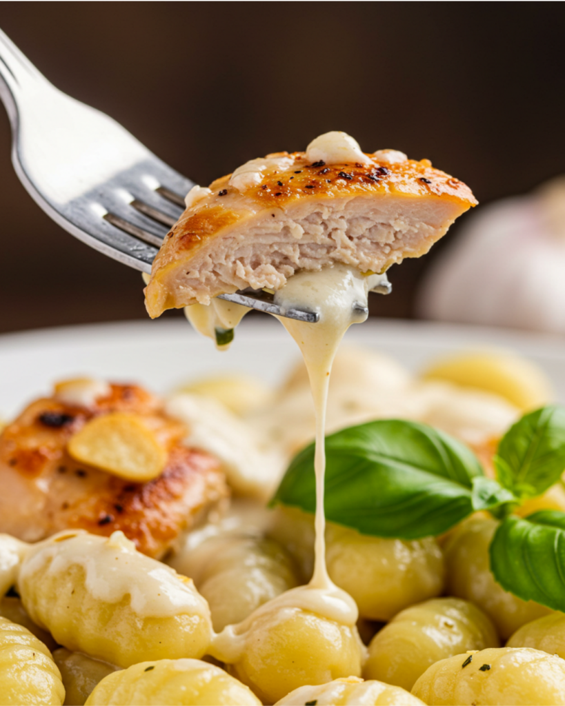 A chef’s hand garnishing a plated garlic chicken gnocchi dish with fresh basil.