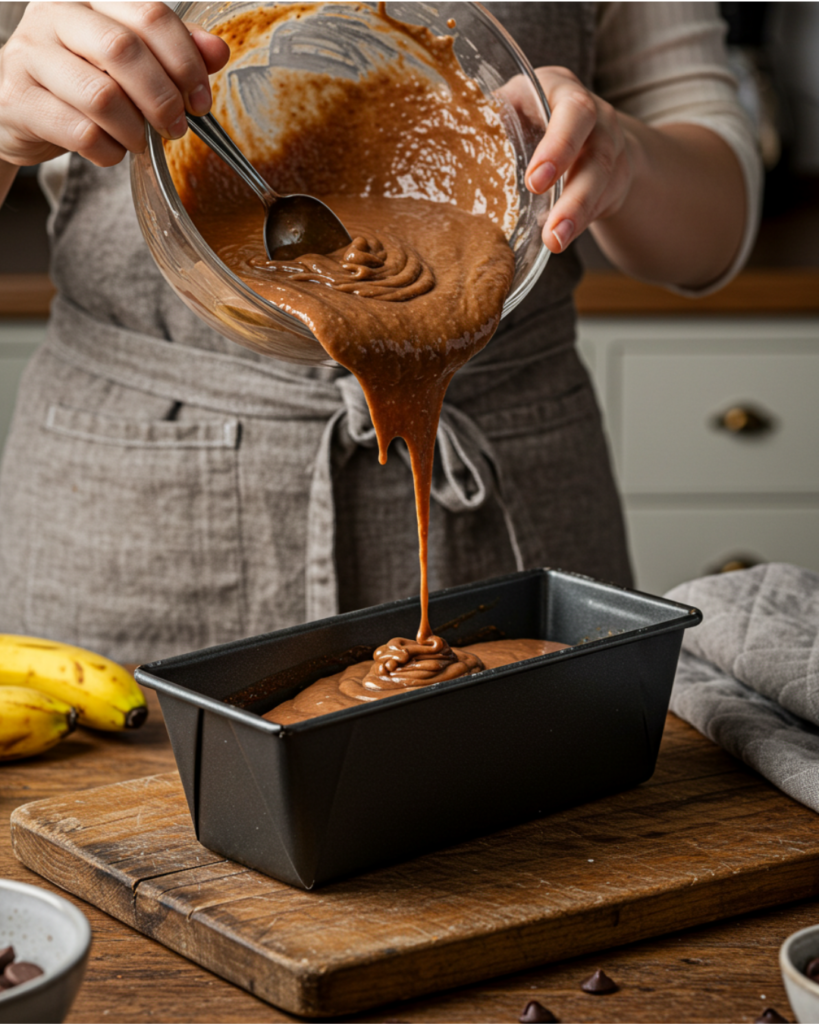 Chocolate banana bread loaf baking in oven with gooey dark chocolate chunks.