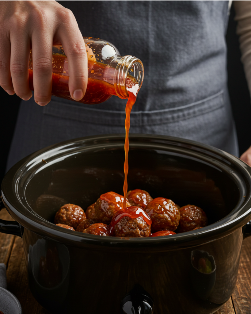 Hand pouring sweet chili glaze over meatballs in a crockpot, sauce dripping dramatically.