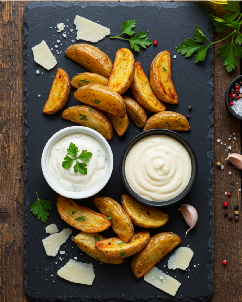 Vegan potato wedges with nutritional yeast and herbs, gluten-free.