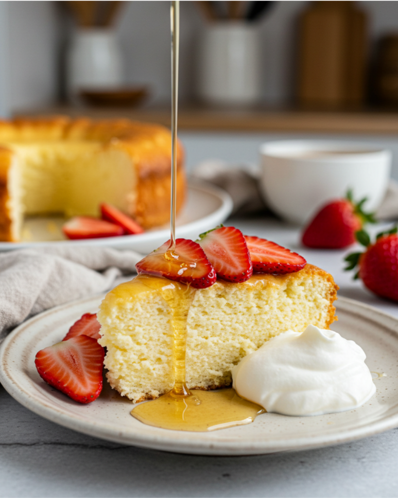 A slice of cream cheese pound cake with fresh strawberries and whipped cream.