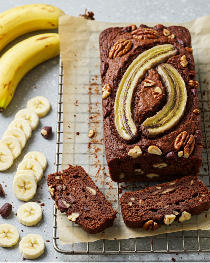 Moist slice of healthy chocolate banana bread with melted dark chocolate and walnuts