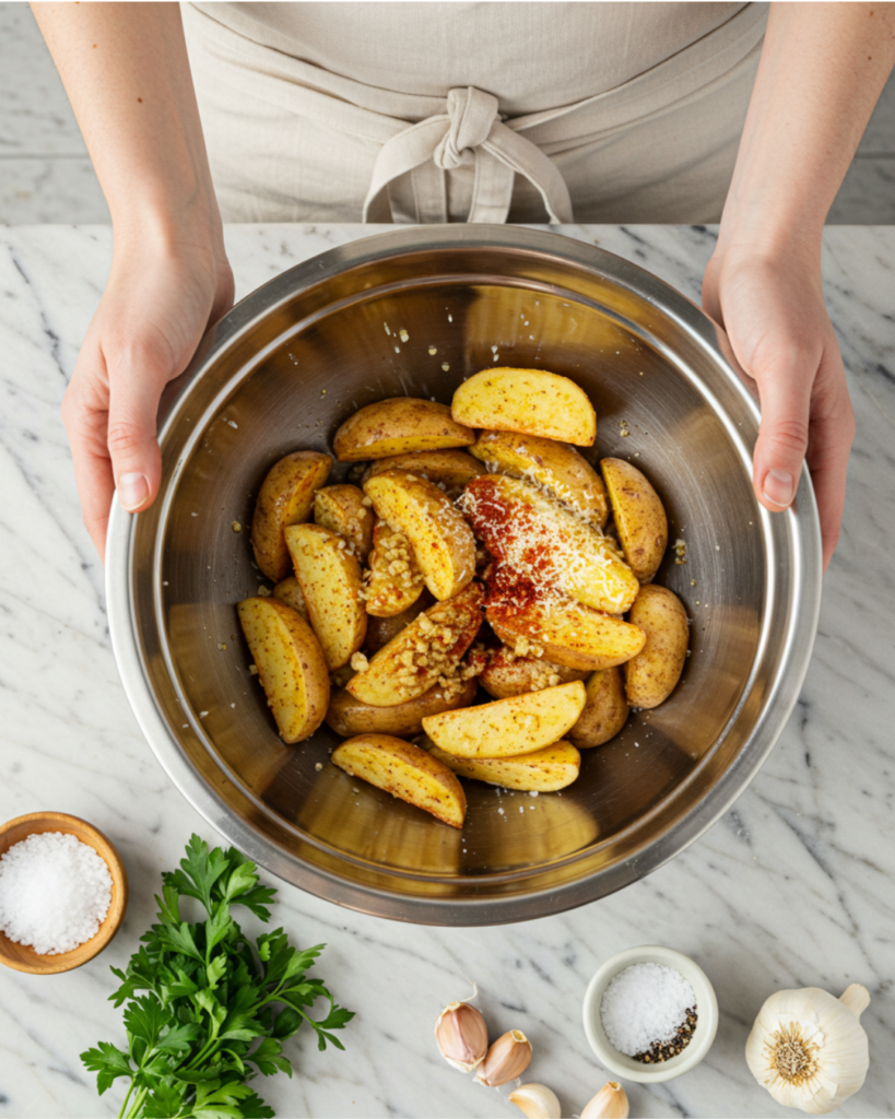 Hands tossing potato wedges in olive oil, garlic, and spices in a mixing bowl.