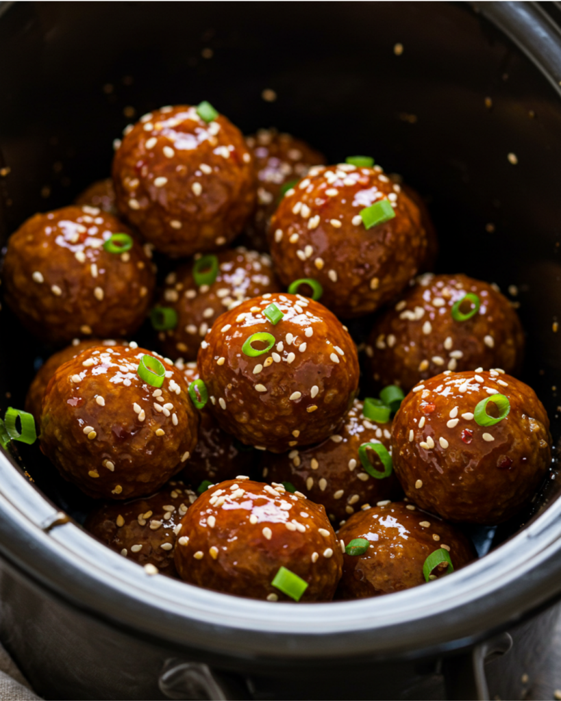 Juicy sweet chili meatballs simmering in a crockpot.