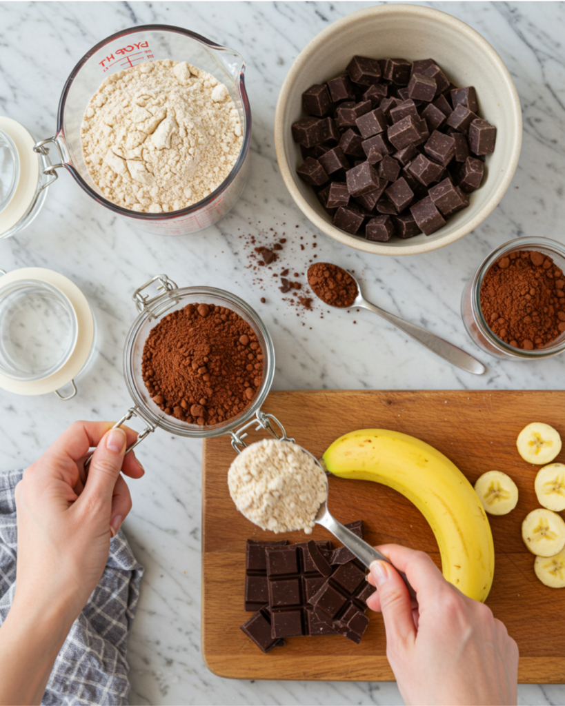 Healthy chocolate banana bread recipe ingredients: ripe bananas, dark chocolate, whole wheat flour, and maple syrup on a rustic table.