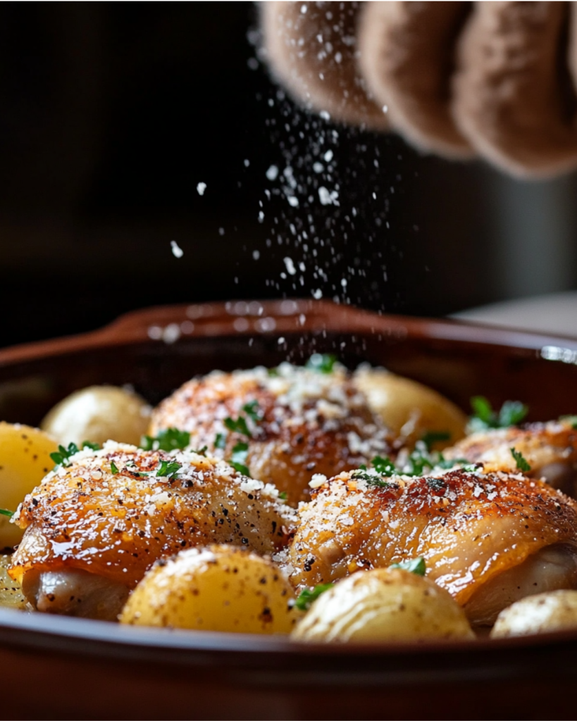 A close-up of crispy garlic parmesan chicken with golden roasted potatoes, garnished with parsley, served on a rustic wooden table.