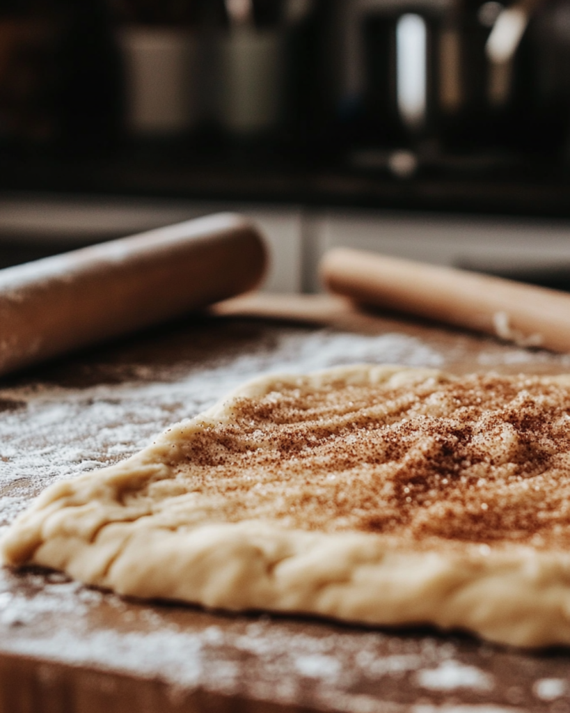 Rolling out homemade cinnamon roll cookie dough with cinnamon sugar filling.