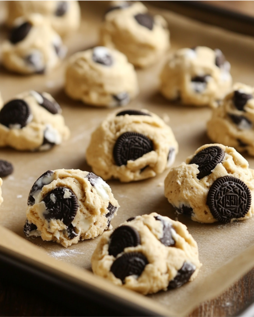 Cookie dough scooped onto a baking sheet, ready to be baked.