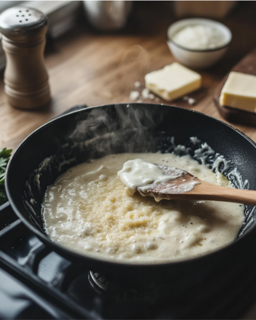 A skillet with bubbling Alfredo sauce being stirred with a wooden spoon.