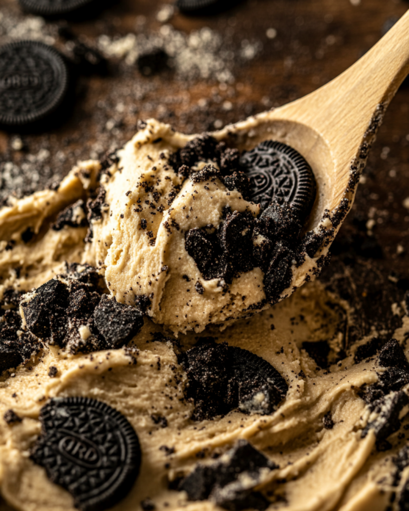 Folding crushed OREOs into cookie dough with a wooden spoon.