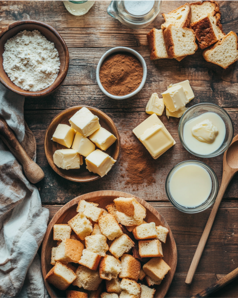 Fresh ingredients for making French toast muffins, including bread cubes, eggs, milk, cinnamon, and vanilla.