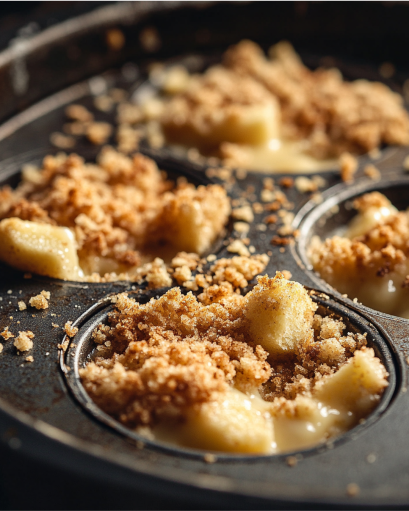 Close-up of muffin tin filled with custard-soaked bread and streusel