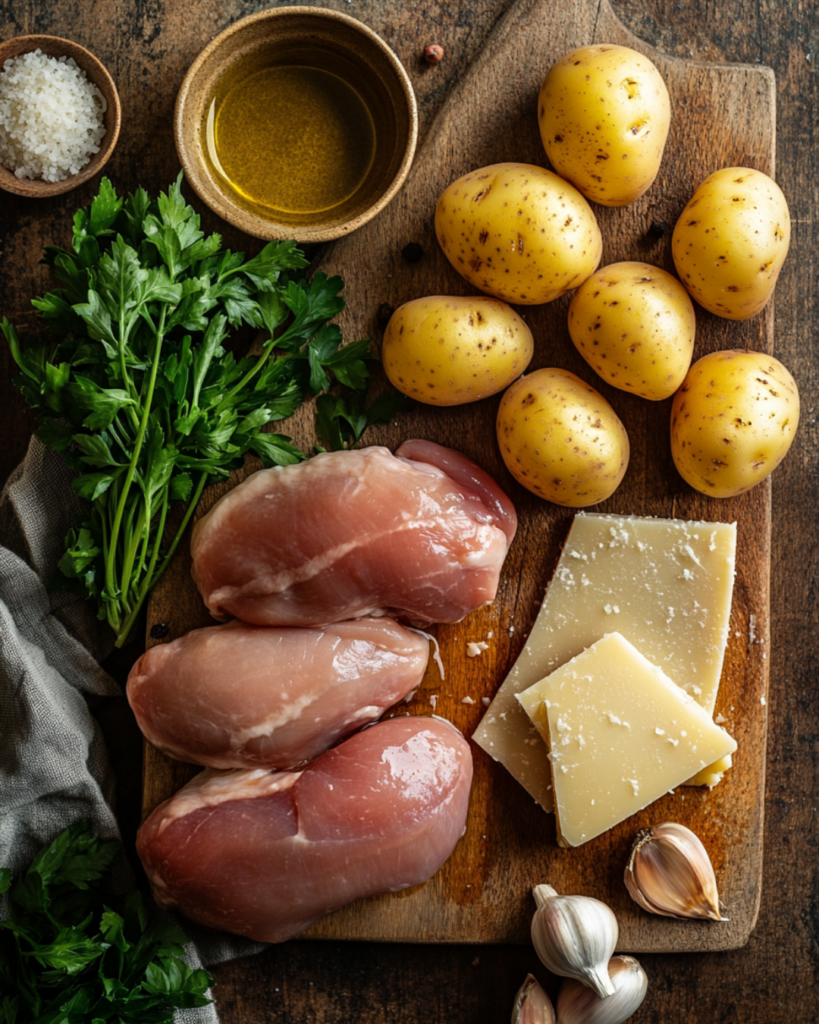 A flat lay of raw chicken, potatoes, parmesan cheese, garlic, olive oil, and spices on a wooden cutting board.