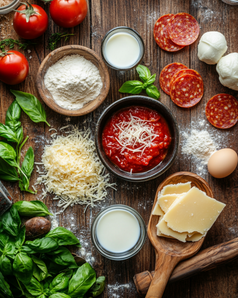 Fresh ingredients for making homemade pizza cupcakes, including cheese, sauce, and toppings.