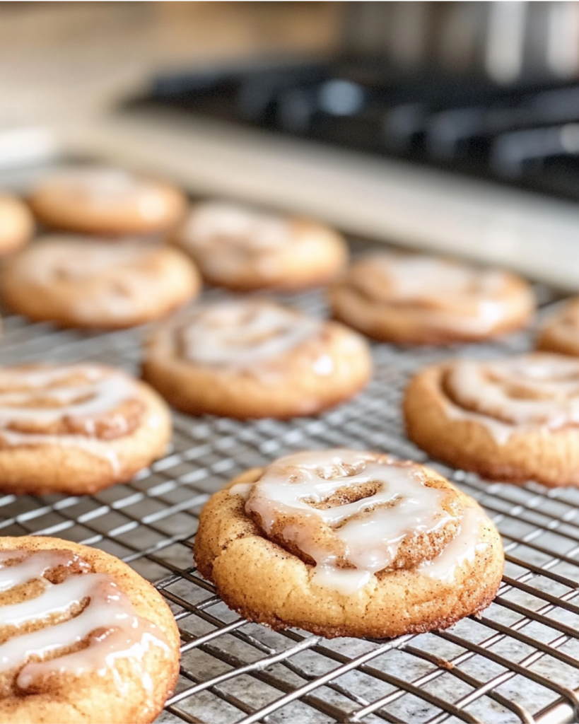 Freshly baked cinnamon roll cookies cooling on a rack with vanilla glaze drizzle.