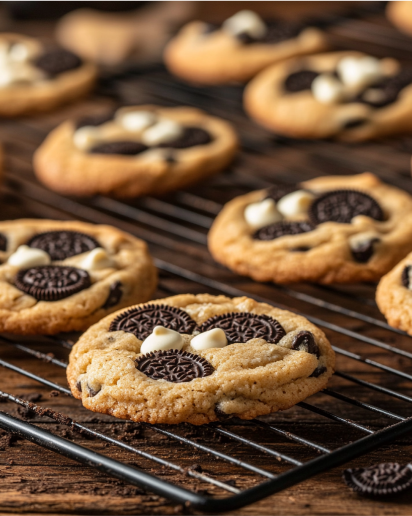 Freshly baked OREO Cookies & Creme Cookies cooling on a rack.