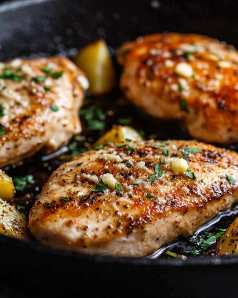 Chicken breasts sizzling in a cast-iron skillet with butter and garlic, getting golden brown.