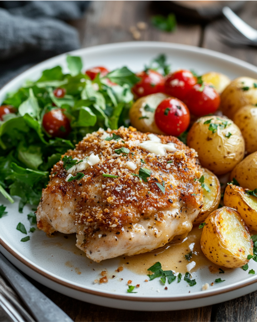 A plated serving of garlic parmesan chicken with roasted potatoes, garnished with parsley and a side salad.