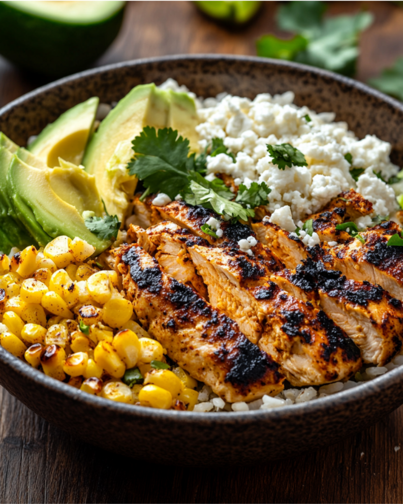 A close-up of a homemade street corn chicken rice bowl with grilled chicken, creamy street corn, and fresh toppings.