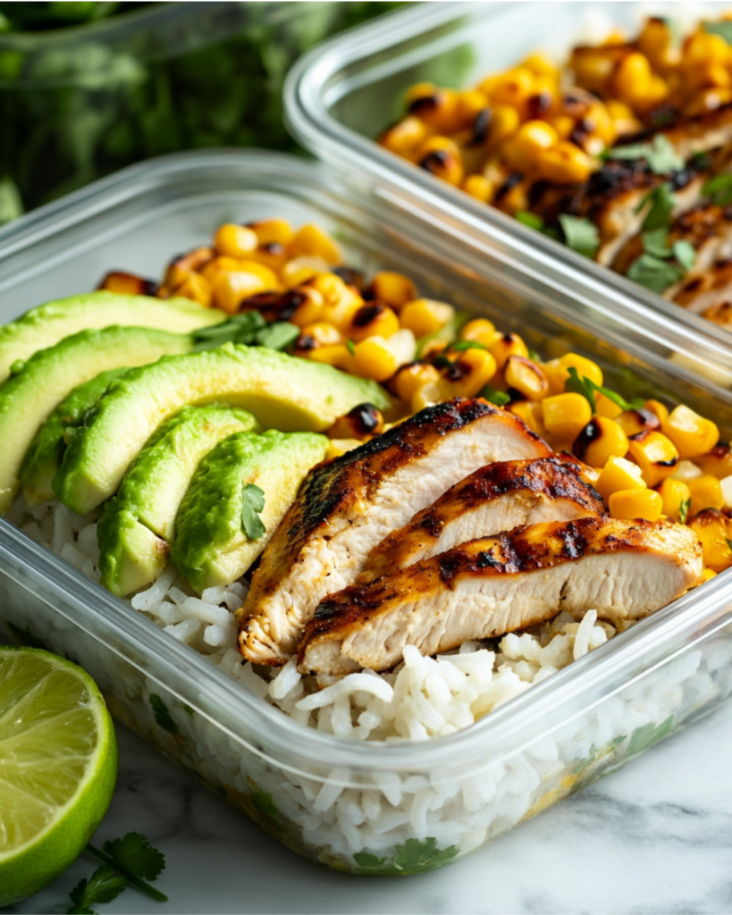 Meal prep containers with grilled chicken, street corn, rice, and avocado for easy lunches.