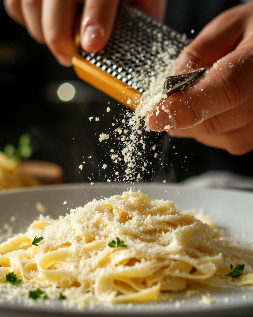 Freshly cooked fettuccine pasta in a stainless steel colander, steaming.