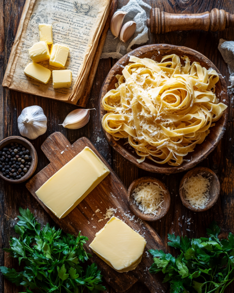 Fresh ingredients for homemade Fettuccine Alfredo, including pasta, Parmesan, butter, and cream.