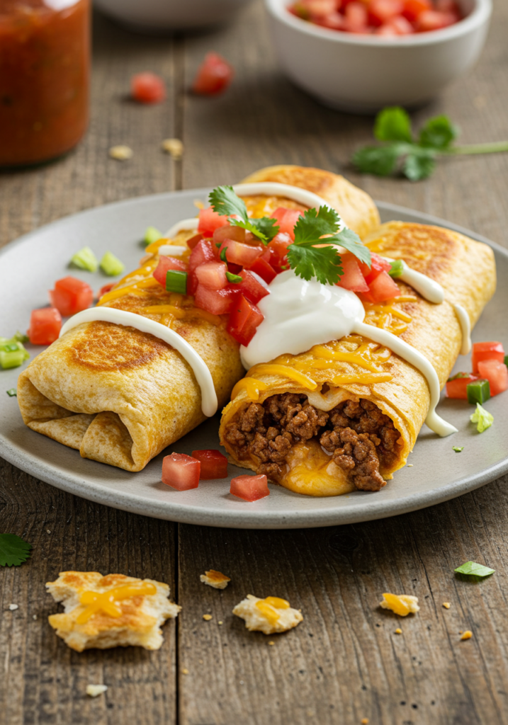 Plate of beef and cheese burritos served with guacamole and sour cream on a rustic wooden table.