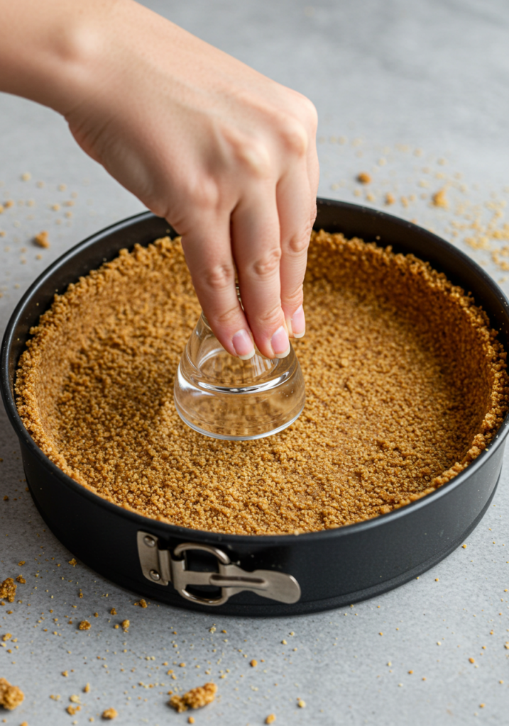 Close-up of a graham cracker crust being pressed into a springform pan with a glass.