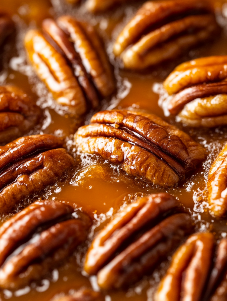 Extreme close-up of glossy caramelized pecans on a pecan upside-down cake