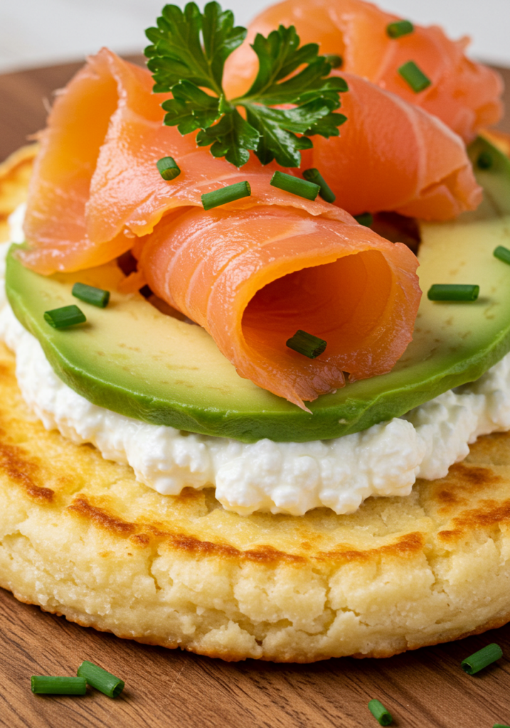 A close-up of a cottage cheese flatbread topped with avocado slices, smoked salmon, and a sprinkle of fresh herbs.