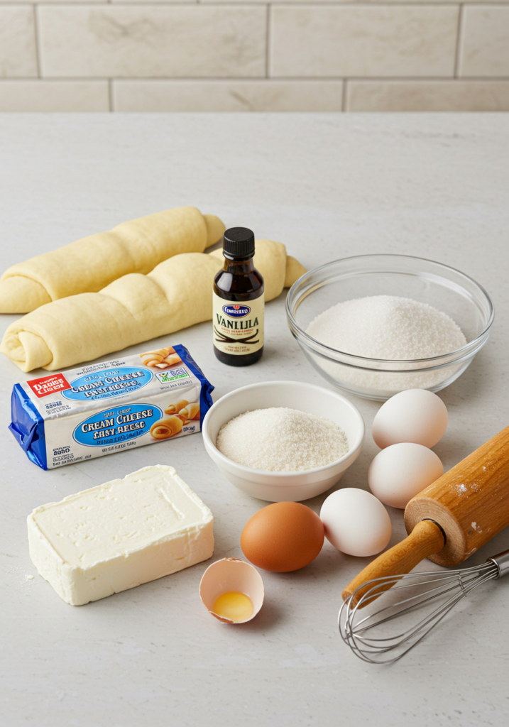 Ingredients for making cream cheese Danish on a kitchen counter.