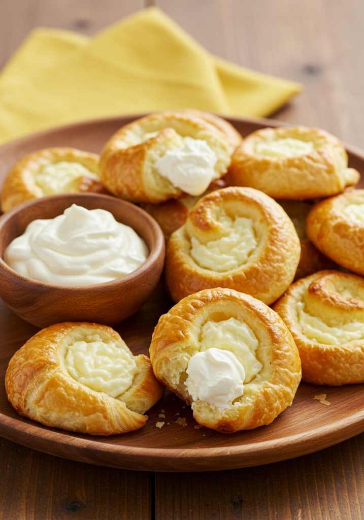 Freshly baked cream cheese danishes topped with powdered sugar on a plate.