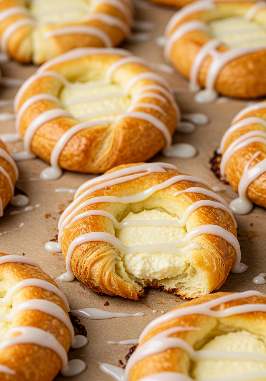 A close-up of a flaky cream cheese Danish with creamy filling and powdered sugar.