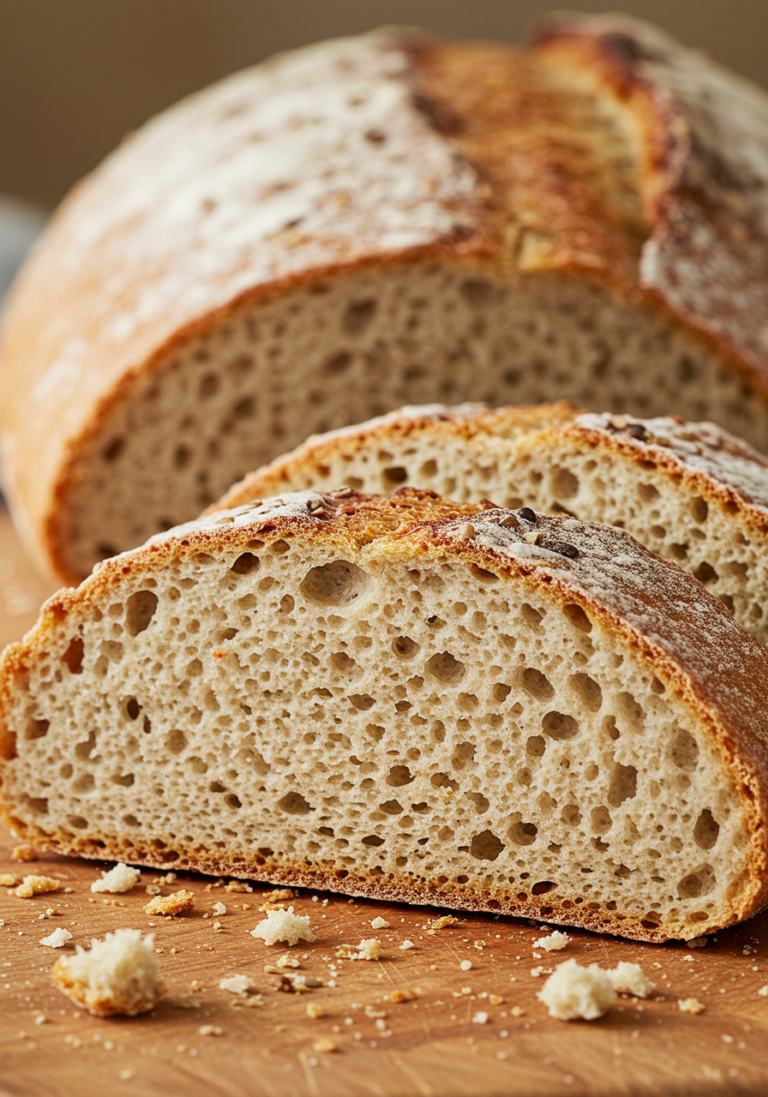 A golden-brown gluten-free bread loaf baking in a modern oven, with the oven door slightly open to show the fluffy, well-risen bread inside.