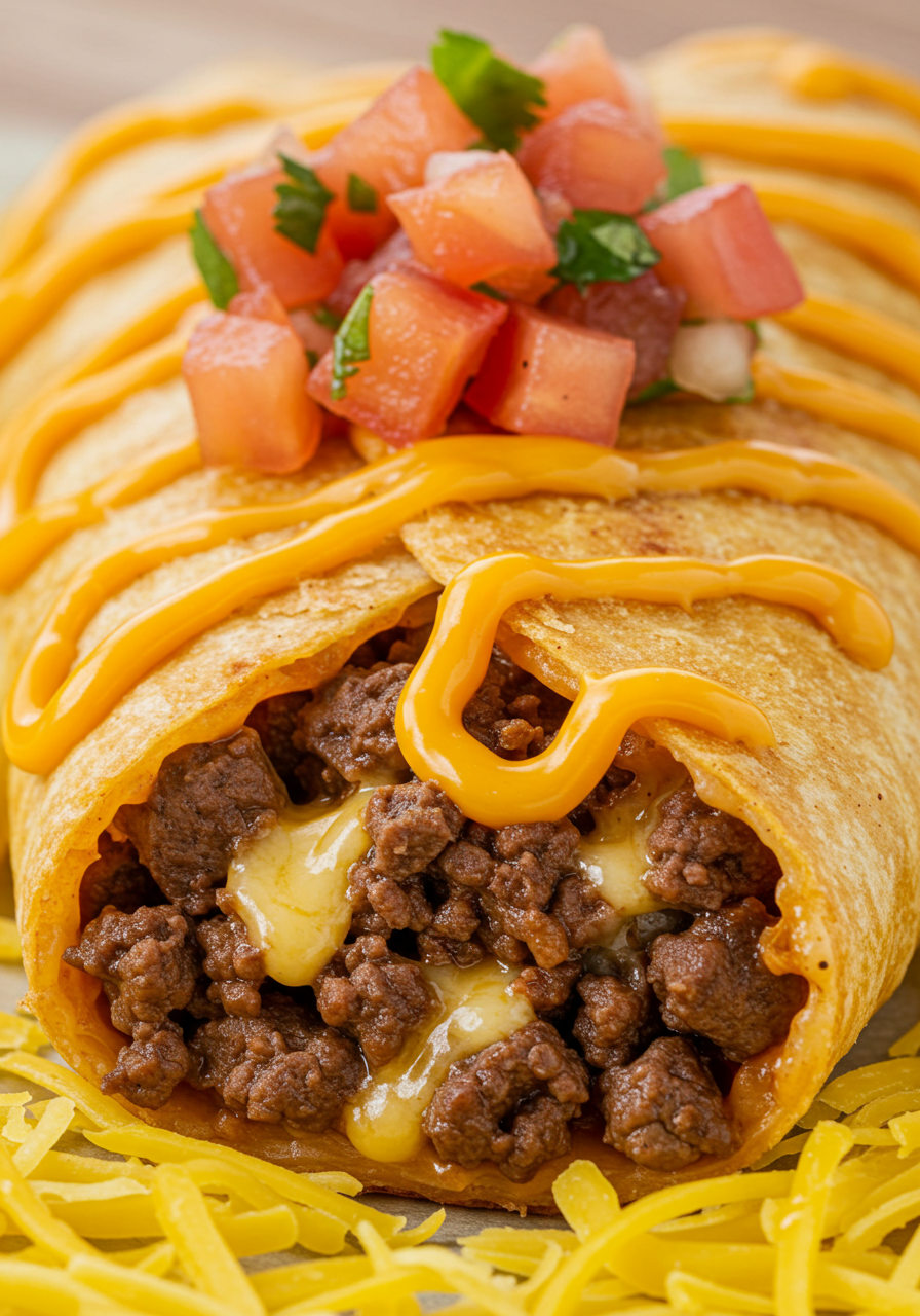 A plate of golden-brown beef and cheese burritos, cut in half to show the filling, served with salsa and sour cream on a rustic wooden table