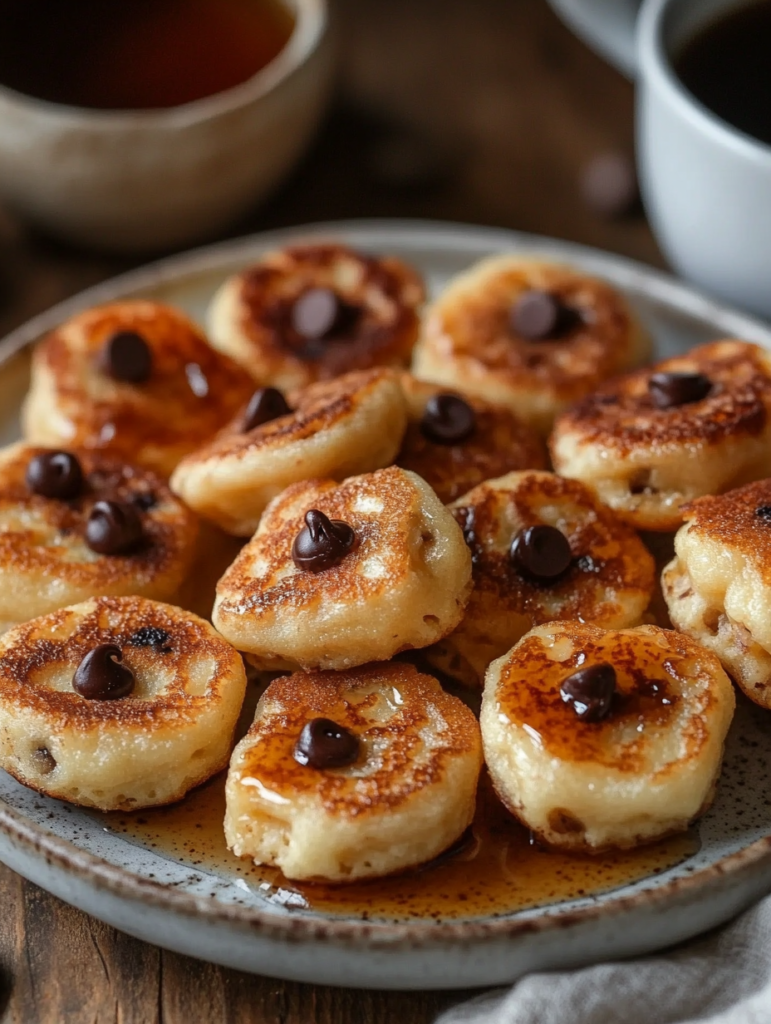 A plate of golden-brown pancake poppers with chocolate chips, served with maple syrup on a rustic wooden table