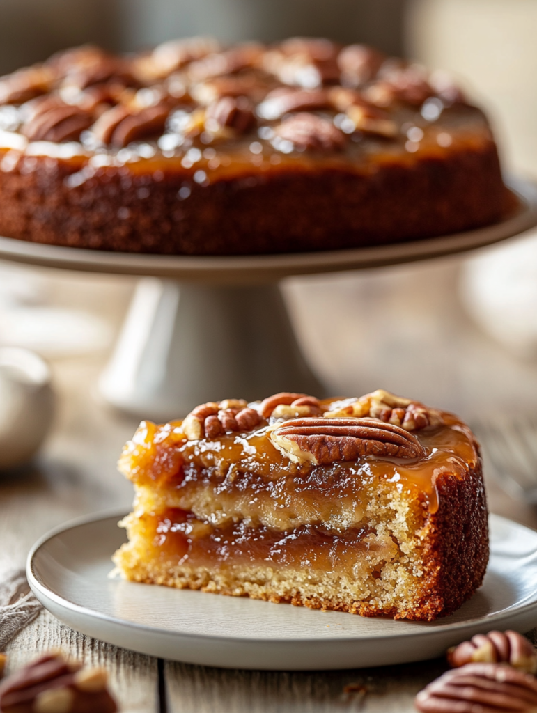 A slice of pecan upside-down cake with caramelized pecans and moist vanilla cake, served on a rustic wooden table.