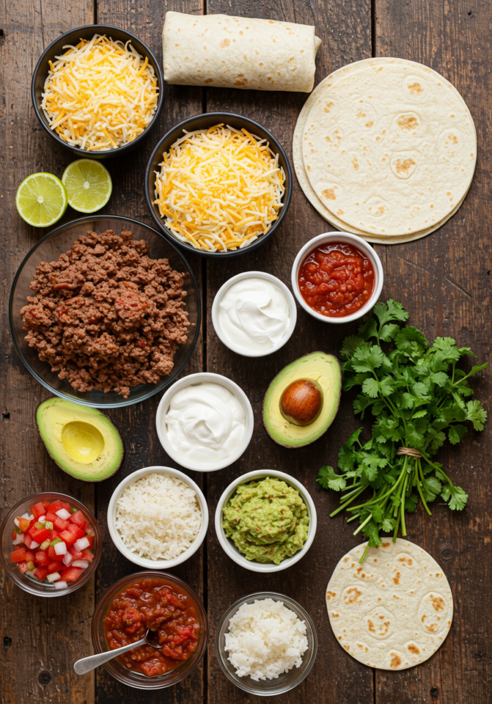 Flat lay of ingredients for beef and cheese burritos, including ground beef, tortillas, cheese, and salsa.